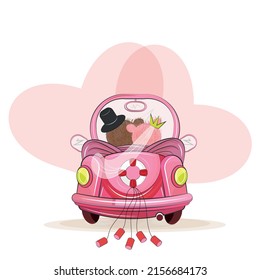 Poster of newly married couple groom in vehicle, car that goes on vacation, honeymoon with a rescue circle. Valentine card with teddy bear and heart.