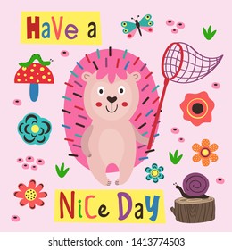poster nice day with a colorful hedgehog - vector illustration, eps
