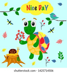 poster nice day with a colorful turtle - vector illustration, eps