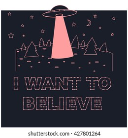 Poster of  night background with trees, stars and spaceship UFO Day