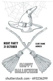 Poster of the "Night party on the last day of October" with the symbols of the witch: broom, cap and web. The sketch marker. Vector