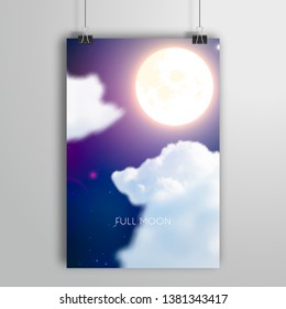 Poster with night sky, clouds, stars and full moon