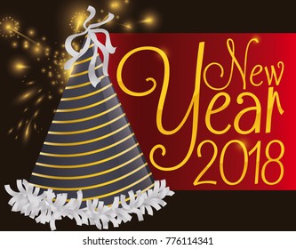 Poster with night view of New Year celebration with a party hat, red label and fireworks display.