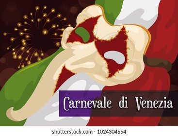 Poster of a night view of Venice Carnival (written in Italian) with a traditional and decorated Zanni mask over a Italy's flag with fireworks display and bokeh effect in the background.