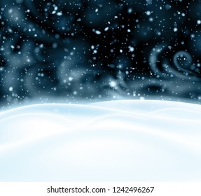 Poster with night winter landscape, snow and blizzard. Vector background.
