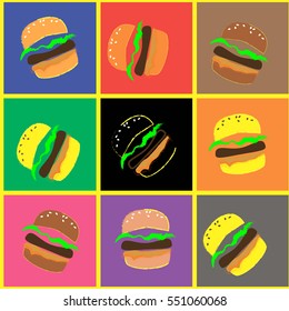 Poster with nine squares, each featuring an icon of a hamburger on a colorful background. The style is retro. The image is suitable for use in restaurant and kitchen decor, as well as for menu and rec