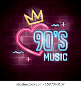 poster of nineties music with heart and crown of neon light vector illustration design