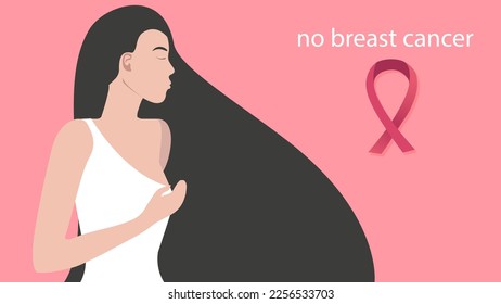 Poster no breast cancer with a girl with long hair and a pink flight. Flat vector illustration. World Breast Cancer Day