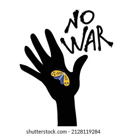 Afiche de no guerra. Una mano con una polilla en los colores de la bandera ucraniana.