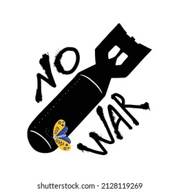 Afiche de no guerra. Una polilla en los colores de la bandera ucraniana se sienta sobre una bomba. La inscripción no a la guerra