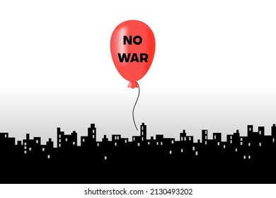 Poster No War. Red ball in sky above black ruins of city. Pacifist, propaganda. Postcard, banner. Concept of humanity. Vector illustration