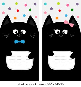Poster Notebook cover Composition book template. Black cat kitty head with bow. Cute cartoon character set. Pet baby collection Card. Flat design. White background Colorful dot. Vector illustration.