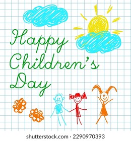 Afiche con papel para cuaderno y lindo dibujo de garabatos de niños felices y preceptos para celebrar el Día del Niño.