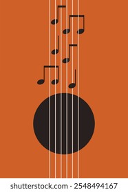 Poster with notes on guitar strings. Music illustration in creative flat style.