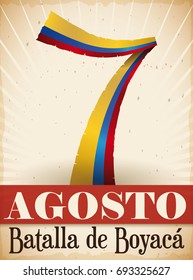Poster with number seven made out of ribbons like Colombian flag to commemorate the Battle of Boyaca in August 7 (written in Spanish).