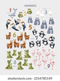 Poster with numbers and animals and bird increasing order from one to nine on light grey background