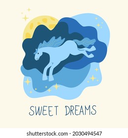 Poster for nursery with a cute horse in the night sky. Sweet dreams lettering. Flat hand drawing vector illustration for book, clothes, fabric, toys