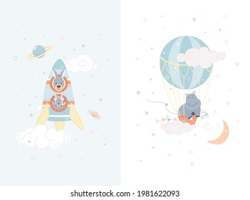 Cartel de la guardería: un canguro con un cachorro en un cohete y un hipopótamo en un globo de aire caliente. Delicados colores pastel. La decoración de la guardería. Duerme. Tensión. Niñez.