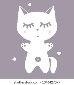 Poster in the nursery. Kitten with eyes closed. Vector cute animal. White cat with pink cheeks for print on clothes. Fantastic anime style kawaii illustration. A collection of charming pets and hearts