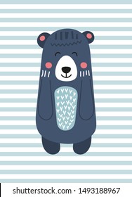 Poster for nursery scandi design with cute bear in Scandinavian style. Vector Illustration. Kids illustration for baby clothes, greeting card, wrapper.