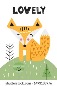 Poster for nursery scandi design with cute fox in Scandinavian style. Vector Illustration. Kids illustration for baby clothes, greeting card, wrapper.