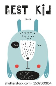 Poster for nursery scandi design with cute hare and text Best kid in Scandinavian style. Vector Illustration. Kids illustration for baby clothes, greeting card, wrapping paper.