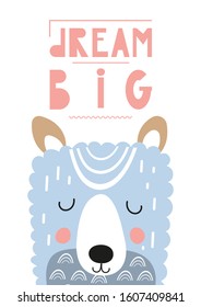 Poster for nursery scandi design with cute llama in Scandinavian style. Vector Illustration. Kids illustration for baby clothes, greeting card, wrapping paper. Lettering Big dream.