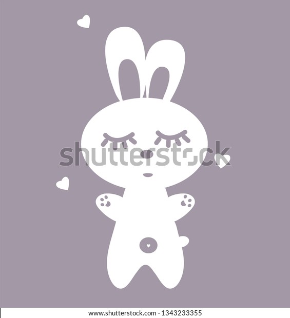 Poster\
in the nursery. White sleeping rabbit isolated on gray background.\
Illustration of a bunny silhouette. Vector animal hare print on\
clothing. A collection of charming pets and\
hearts