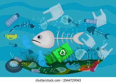 Poster With Ocean Pollution With Litter In Ocean, Dead Sea, Dirty Water, Fish Bones, Face Masks, Plastic Bottles And Bags. Plastic Waste In Ocean. Dead Fish Swimming In Water Full Of Garbage. Vector