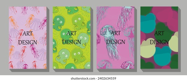 Poster. Octopus, crab, shells, jellyfish, seahorse. design for cards, print, posters, logo, cover