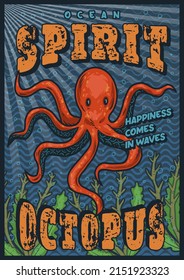 Afiche con ilustración vectorial aislada de pulpo. Estilo vintage de ilustraciones vectoriales coloridas