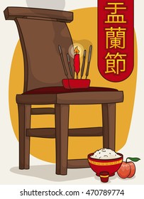 Poster with offerings in the favorite chair spot of the ancestor in Hungry Ghost Festival ("Yu Lan Jie" in traditional Chinese calligraphy) celebration.