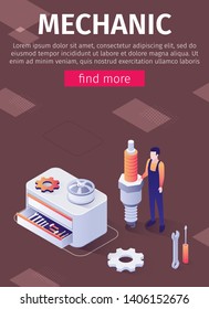 Poster Offers Mechanic Service in Modern Auto Repair Shop. Technician in Uniform Standing with Huge Spark Plug near Box with Wrenches, Spanners, Axes, Gear and Disk. Vector 3d Isometric Illustration