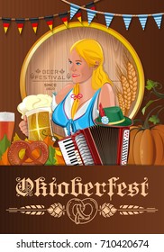 Poster for Oktoberfest. Beer festival design. German blonde cute girl waitress in traditional clothes holding beer mugs. Vector illustration