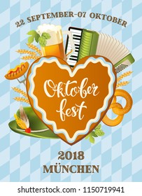 Poster for oktoberfest festival. Beer set with tap, glass, hop branch with leaf, barrel. Vintage vector color engraving illustration isolated on blue background