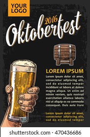 Poster to oktoberfest festival. Hands holding beer glasses glass and wooden barrel. Vintage vector engraving illustration for web, invitation to party. Isolated on dark background.