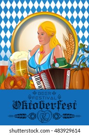 Poster for Oktoberfest. German cute girl waitress in traditional clothes holding yellow beer mugs. Oktoberfest design. Beer festival. Vector illustration