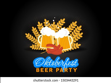 Poster for oktoberfest party with fresh beer, wheat, sausage on the black background. Traditional design german festival. Vector illustration