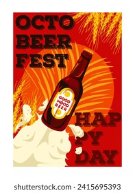 Poster for Oktoberfest. Retro cover with bottle of beer or wheat alcoholic beverage. Celebrating Bavarian holiday or Beer Festival. Cartoon flat vector illustration isolated on white background