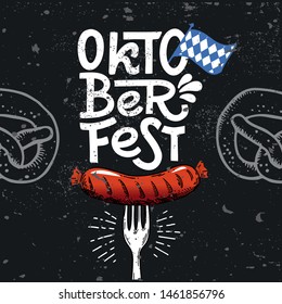 Poster Oktoberfest. Vector flat illustration for German beer festival in Munich. Hand Drawn Lettering with picture of grill sausage with a fork, pretzel and Bavarian flag. For menu, flyer, card, badge