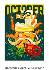 Poster for Oktoberfest. Vintage cover with mug of beer, pretzel and wheat ears. Design element for invitation to Bavarian Beer Festival. Cartoon flat vector illustration isolated on white background