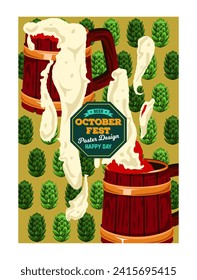 Poster for Oktoberfest. Vintage cover with wooden beer mugs, foam, green pine cones and inscription. Invitation to German Beer Festival. Cartoon flat vector illustration isolated on white background