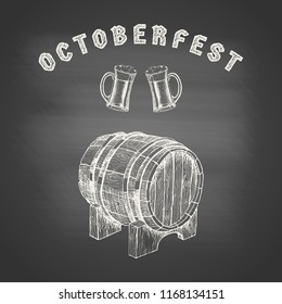 Poster of Oktoberfest with wooden barrel and glass mugs with beer - chalk drawing on the blackboard. Hand drawn sketch in vintage engraving style. Vector illustration for bar, restaurant