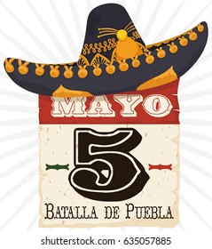 Poster with old loose-leaf calendar with reminder date for Cinco de Mayo (written in Spanish) and Charro hat in the top of it.