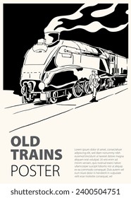 Poster an old railway or trains of ink sketch drawing on black for minimalist vintage poster, train book, cover, illustration background, post card industrial, art print locomotive, 