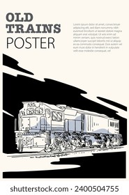 Poster an old railway or trains of ink sketch drawing on black for minimalist vintage poster, train book, cover, illustration background, post card industrial, art print locomotive, 