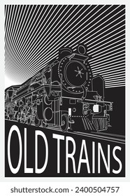 Poster an old railway or trains of ink sketch drawing on black for minimalist vintage poster, train book, cover, illustration background, post card industrial, art print locomotive, 