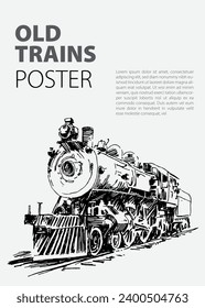 Poster an old railway or trains of ink sketch drawing on black for minimalist vintage poster, train book, cover, illustration background, post card industrial, art print locomotive, 