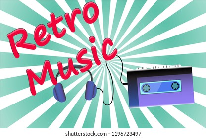 A poster from an old vintage retro hipster film music first player for listening to audio cassettes against a backdrop of abstract circular sun rays. Vector illustration.