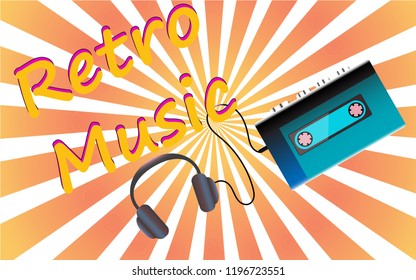 A poster from an old vintage retro hipster film music first player for listening to audio cassettes against a backdrop of abstract circular sun rays. Vector illustration.